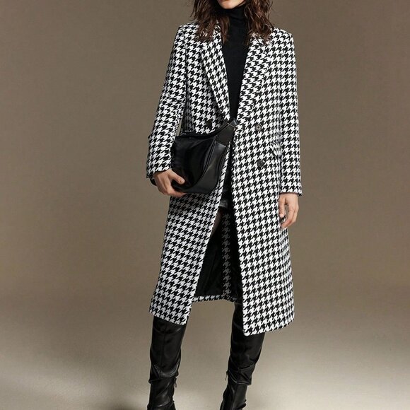 Black And White Elegant Women's Cinched Waist Houndstooth Jacket - Picture 3 of 8